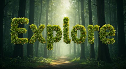 Eco-friendly Word Spelled with Green Bushes in Forest Pathway