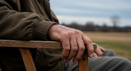 Elderly Man Hand Resting on Wooden Chair Arm Outdoor in Natural Setting