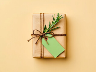 This overhead shot showcases a simple yet elegant gift box wrapped in kraft paper.