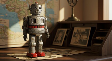 Vintage Metal Robot Toy Standing on Desk with Family Photos and World Map
