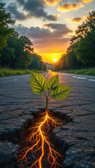 A small plant sprouts from a crack in a road, its roots glowing with an ethereal, warm light against the backdrop of a stunning sunset.