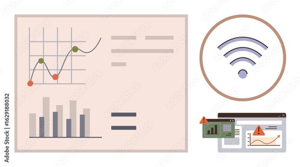 Poster data dashboard with bar and line charts, wireless connectivity signal, browser windows with error al
