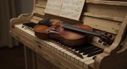 Vintage Wooden Piano with Violin and Sheet Music in Cozy Music Room