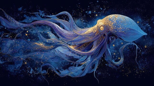 A luminous, ethereal octopus swims through a dark blue, starry abyss, exuding golden sparkles
