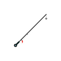 A minimalist depiction of a fishing rod, complete with a handle, line, and a bright red bobber, isolated on a white background.