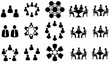 Illustration showing various group configurations including meetings and clusters of people in black silhouettes