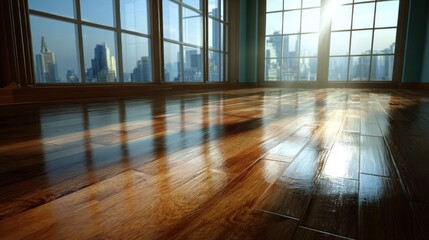 Empty room with hardwood floor, city view