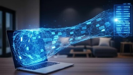Laptop connected to server via glowing data stream - Powered by Adobe