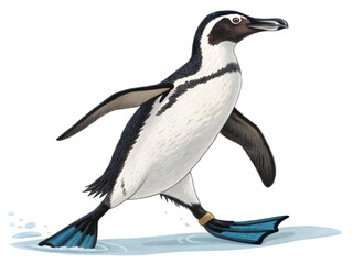 Obraz premium A galapagos penguin walks on ice with blue flippers
