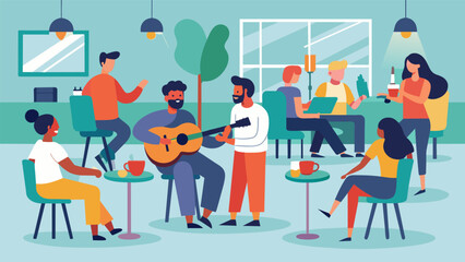 A community cafe where local musicians can showcase their talent and the community can come together to listen support and connect. Vector illustration