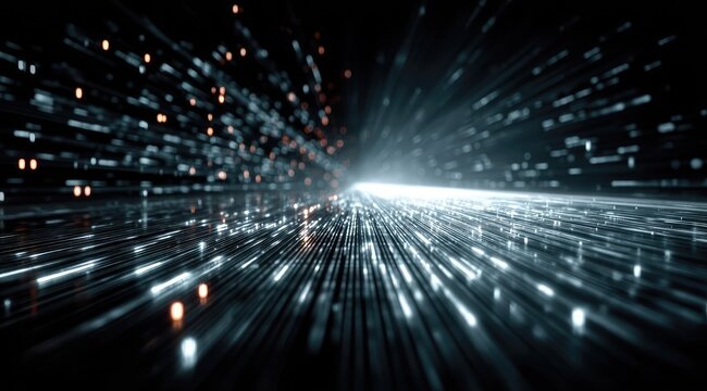 Abstract digital streaks converge towards a bright center, set against a dark background