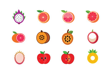 Sweet cartoon sliced fruits with expressive kawaii faces Color Vector illustration