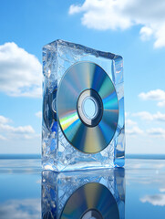 A CD encased in a clear ice cube, reflecting the blue sky and clouds, sits on a water surface.