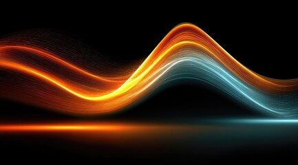 Abstract wave form with orange and blue light trails on black background