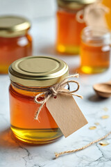 A close-up image of several glass jars filled with amber honey.