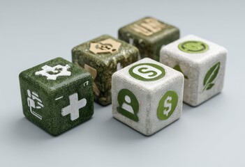 Five stone cubes, each with a different symbol, arranged in a row on a grey background