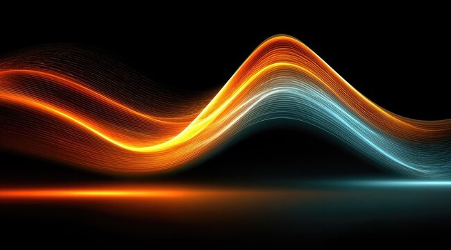 Abstract wave form with orange and blue light trails on black background