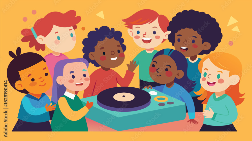 Poster a group of children gather around a record player their faces lit up with excitement and wonder as t