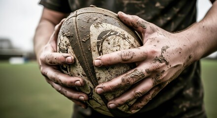 Mud caked hands gripping a worn rugby ball conveying the intensity and physicality of the sport with a blurred background of a field dirty game player