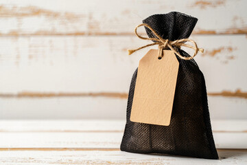 A black linen gift bag, tied with natural twine, sits on a white wooden surface.
