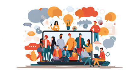 Online Business Concept. Vector cartoon illustration of a group of diverse people discussing an idea on a laptop monitor via video link. Isolated on background. Stock Vector