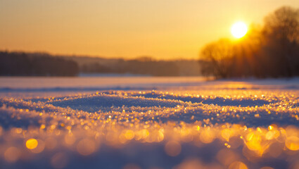 A captivating close-up view of snow-covered ground at sunset.