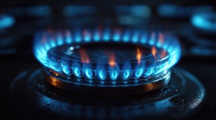 Close-up of a gas stove burner with vibrant blue flames