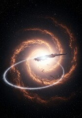 Obraz premium Futuristic Spacecraft Flying Near Bright Cosmic Explosion with Nebula and Stars