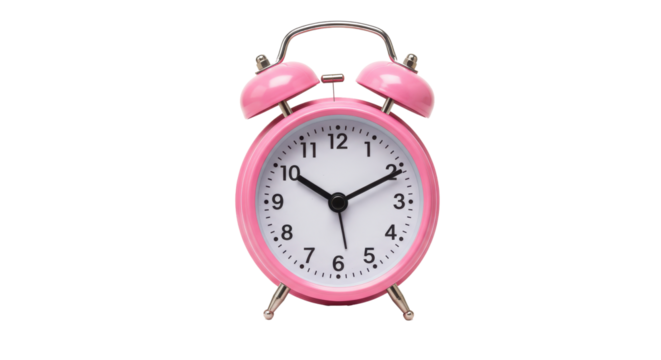 Pink Alarm Clock Displaying Time with Detailed Dial and Bells