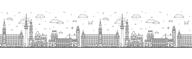 Obraz premium Seamless pattern with Outline Hamburg Germany city skyline with modern and historic buildings isolated on white. Vector illustration. Hamburg cityscape with landmarks.