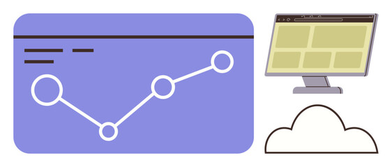 Analytics chart with connected data points, cloud storage icon, and monitor displaying dashboard application. Ideal for technology, data analysis, cloud computing, business growth, innovation