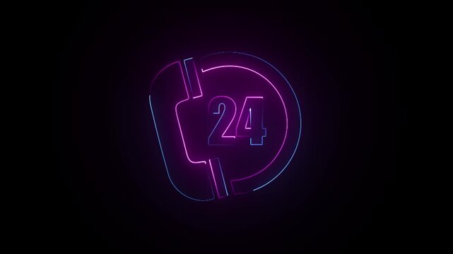 Glowing neon telephone and 24 hours service emergency icon animation on a black background.