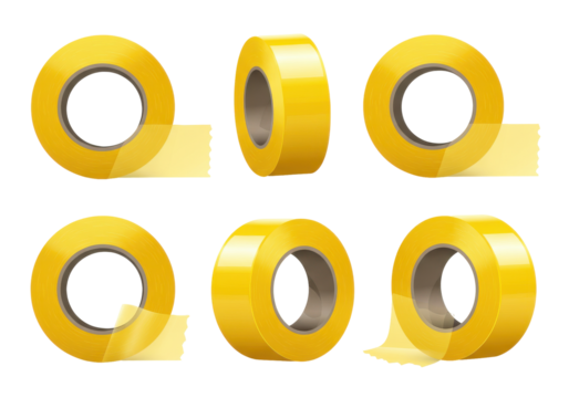 Various Yellow Masking Tape Rolls with Torn Edges and Different Angles.