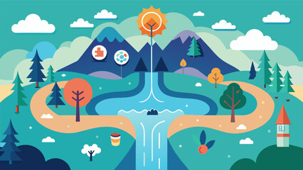 Naklejka premium A lake with various mental health resources and treatments acting as its tributaries flowing together to create a powerful force of support and.