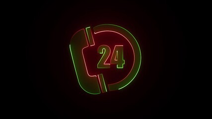 Glowing neon telephone and 24 hours service emergency icon animation on a black background.