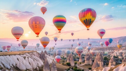 Obraz premium Colorful hot air balloons over Cappadocia landscape