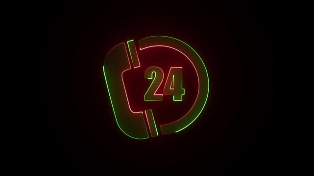 Glowing neon telephone and 24 hours service emergency icon animation on a black background.