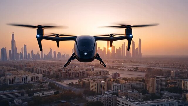 Drone taxi soars with cityscape sunset for futuristic transportation urban innovation sleek design advanced air mobility technology modern flight concept.