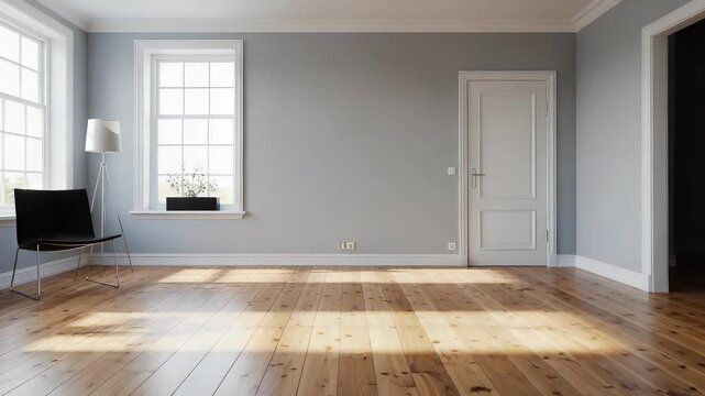 Empty Room with Gray Walls Light Wood Floor and Natural Light Streaming through Windows and Black Chair for Adobe Stock Photo