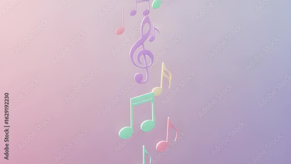 Poster floating music notes in soft pastel colors on gradient background