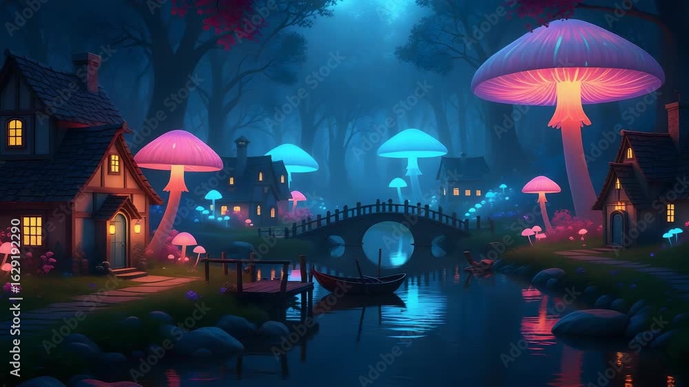 Poster Glowing Mushroom Village At Night In Pixelated Style With Colorful Lights And A River Running Through It