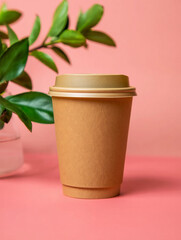 A single, light beige/tan disposable coffee cup with a gold lid sits on a vibrant pink surface.