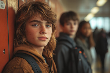Fototapeta premium Young boy leaning against a wall.