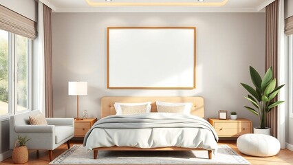 Cozy bedroom interior with mockup frame and natural light