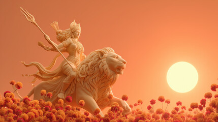 Mahanavami celebration with Goddess Durga riding lion, trident and weapons, marigold flowers, 3d Blender Cycles, saffron to crimson gradient banner,