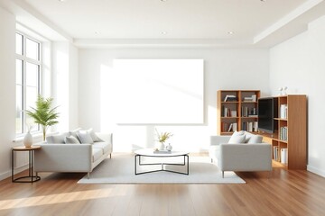 Bright modern living room with large windows and comfortable seating