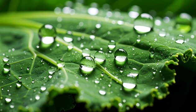 Macro shot of clear water droplets on a vibrant green kale leaf with close up.