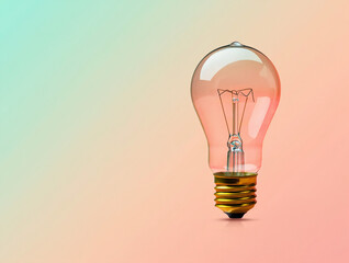 A single incandescent light bulb is centrally positioned against a soft, gradient backdrop of pastel peach and teal colors.