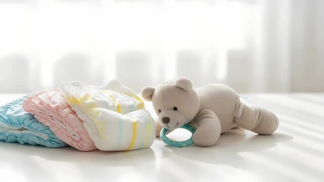 Pastel Diapers and Beige Teddy Bear A Still Life on White Table with Bright Lighting