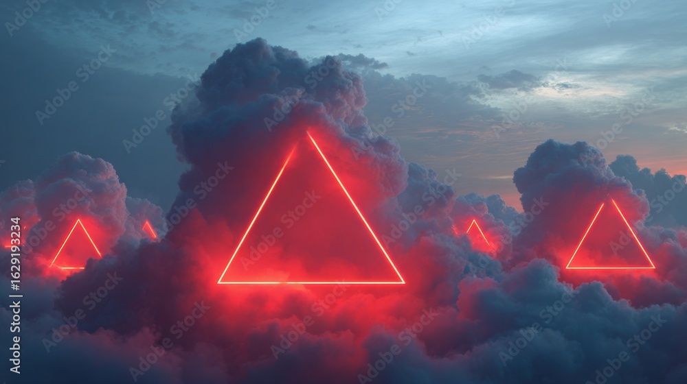 Poster glowing red triangles illuminate dark clouds during twilight, creating an ethereal atmosphere in a f